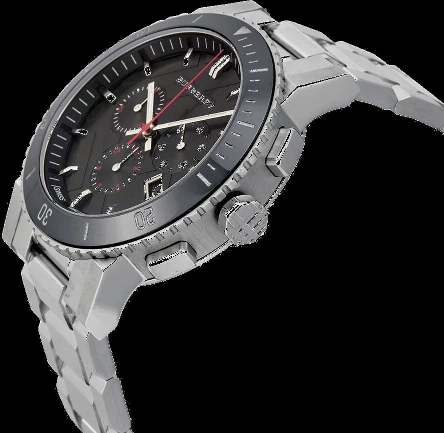 Visage cadran Burberry BU9380 aux index bâton polis, aiguilles luminescentes, compteur 60 secondes et date à 3h