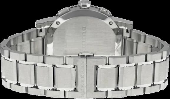 Attache bracelet Burberry BU9380 en acier inoxydable à triple maillons, fermoir déployant sécurisé avec poussoirs