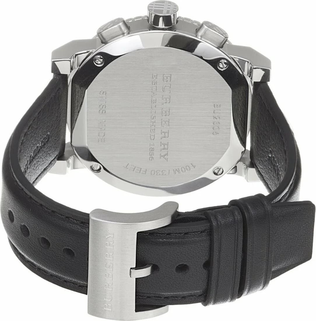 Attache bracelet Burberry BU9382 en cuir noir grainé à coutures contrastantes, fermoir boucle ardillon signé