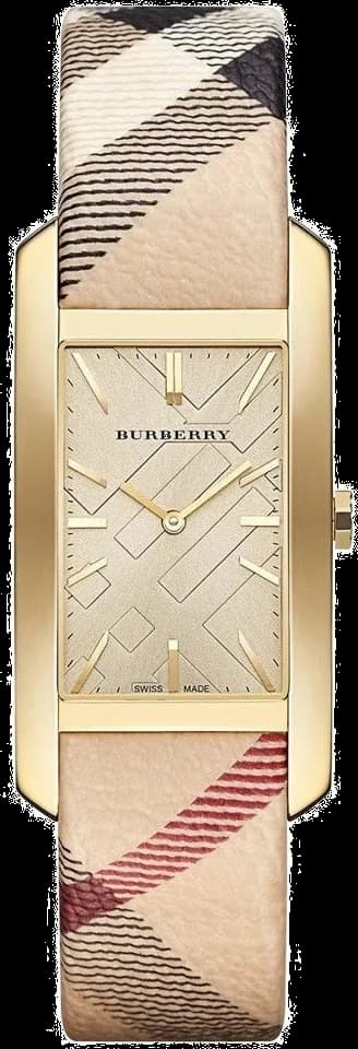 Montre Burberry BU9407 pour Femme - Boîtier Rectangulaire Or, Cadran Or Rose, Bracelet Cuir Beige
