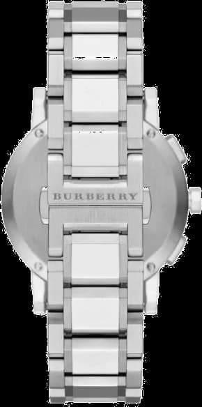 Attache bracelet Burberry BU9750 en acier inoxydable brossé, fermoir déployant triple boucle sécurisé, maillons satinés