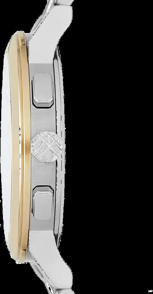 Attache bracelet Burberry BU9751 en acier bicolore argent et or 316L, maillons milanais intégrés, fermoir déployant sécurisé