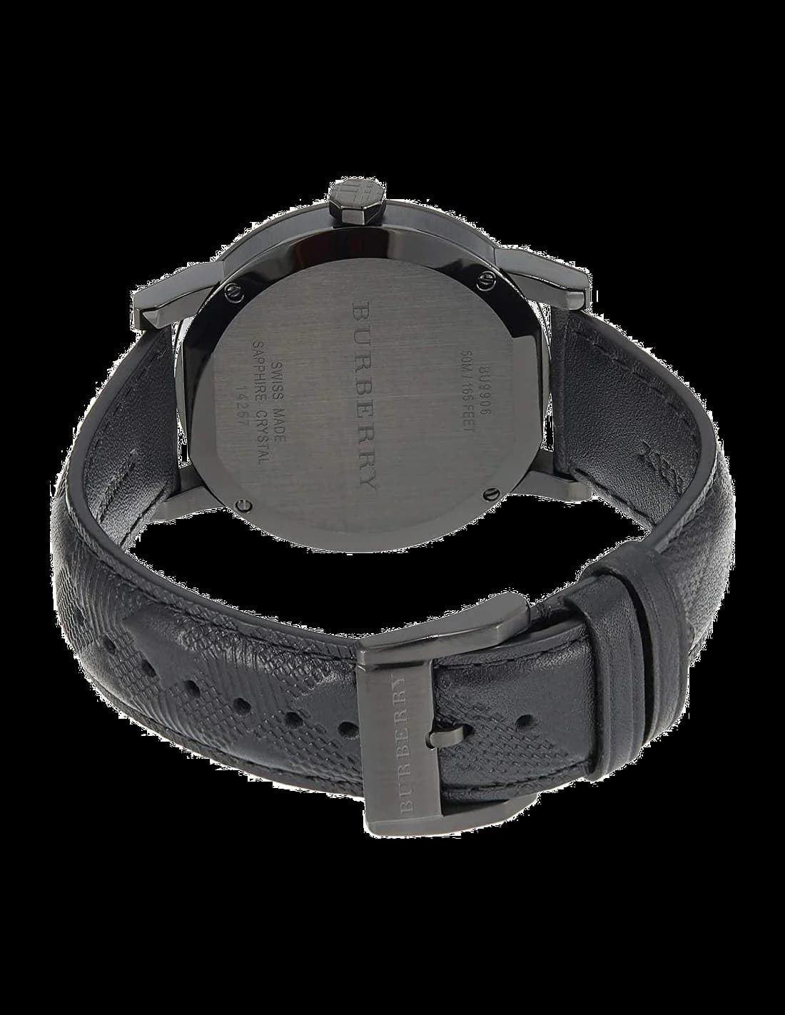 Attache bracelet Burberry BU9906 en cuir de veau noir cousu, boucle ardillon en acier inoxydable brossé