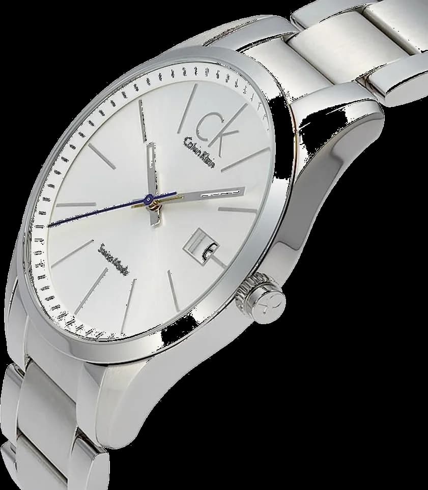 Visage cadran Calvin Klein K2246120 avec index bâtons polis, aiguilles dauphine et guichet date à 3h sur fond noir mat