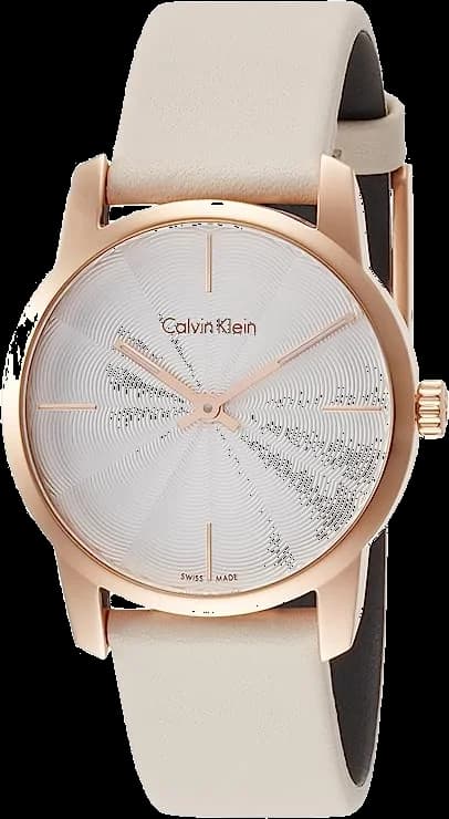 Montre Calvin Klein City K2G236X6 pour Femme, Cadran Beige, Boîtier Or Rose, Bracelet Cuir