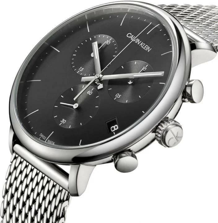 Visage cadran Calvin Klein K2G27121 dévoilant compteurs chronographe à 6h, 9h et 12h, date à 4h30, index appliqués bâtons
