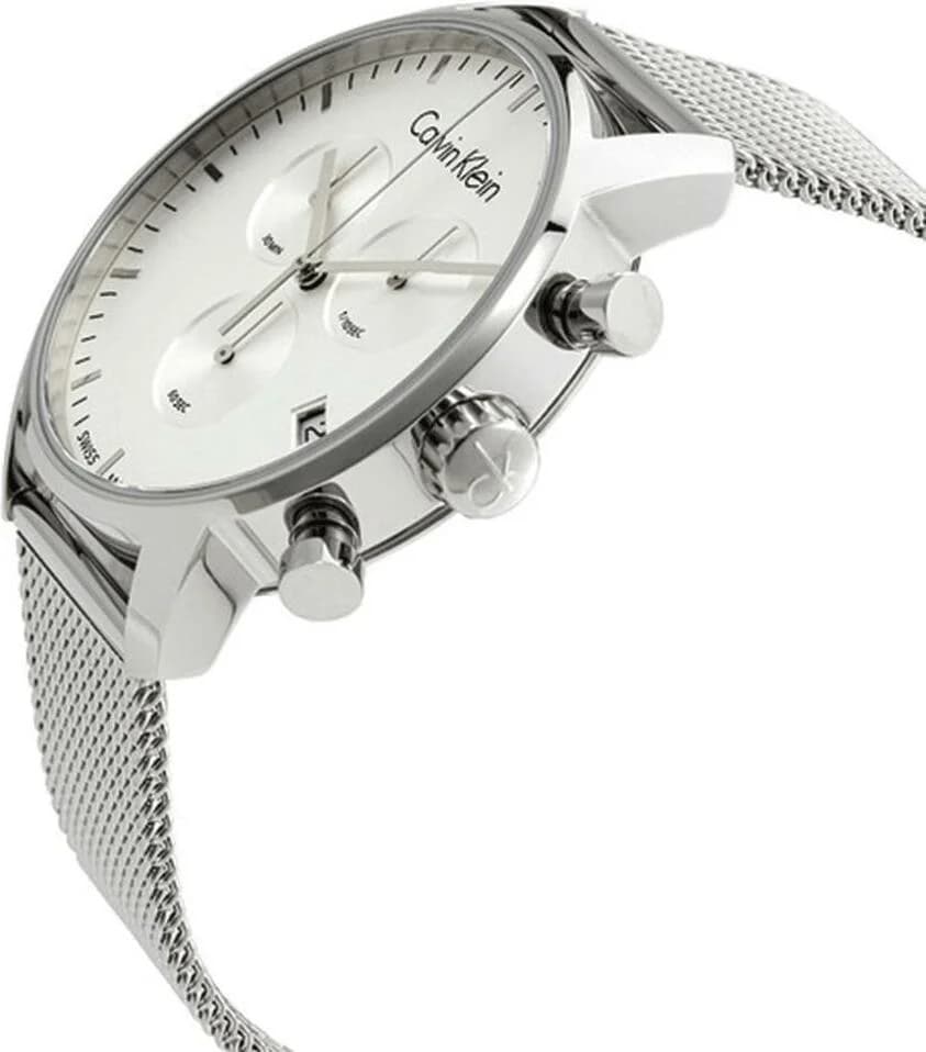 Visage cadran Calvin Klein K2G27126 aux index bâton polis, aiguilles dauphine et guichet date à 4h30