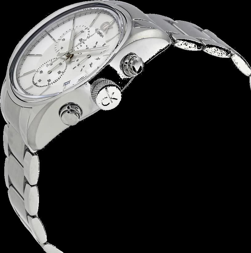 Visage cadran Calvin Klein K2H27126 présentant index appliqués argentés, aiguilles squelettes et guichet date à 4h30