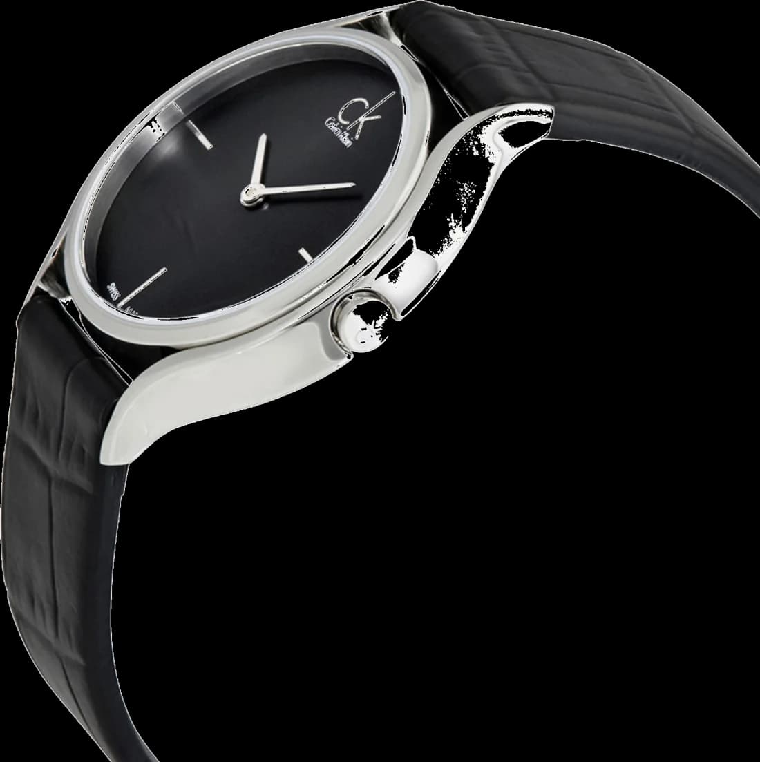 Visage cadran Calvin Klein K2U231C1 avec index bâton argentés et aiguilles dauphine, date à 3h, fond noir laqué