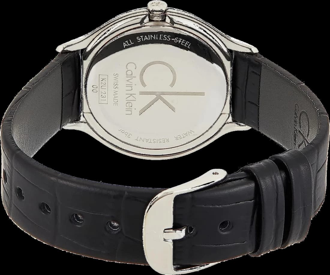 Attache bracelet Calvin Klein K2U231C1 en cuir noir grainé, boucle ardillon en acier inoxydable brossé, coutures ton sur ton