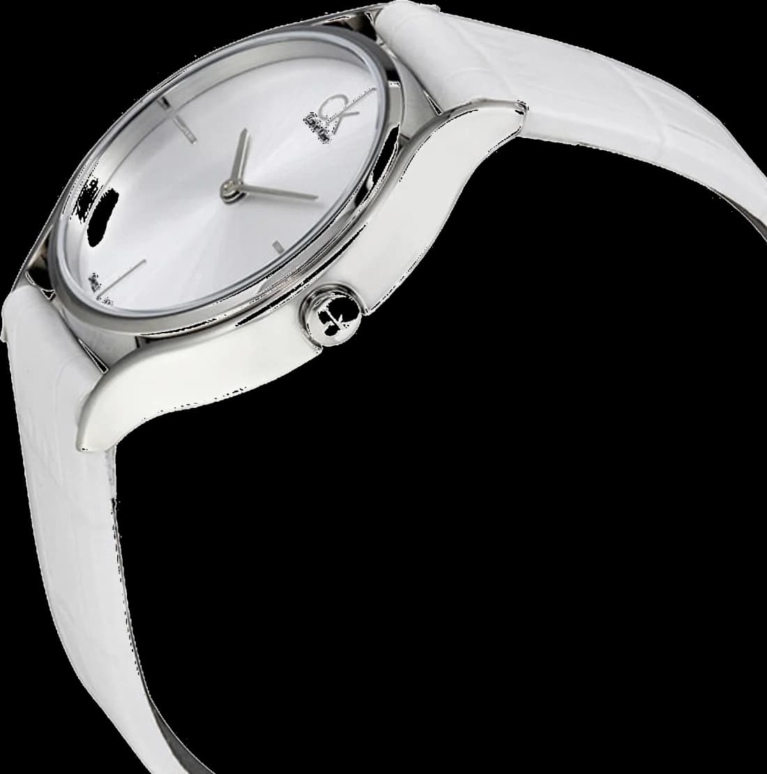 Visage cadran Calvin Klein K2U231K6 dévoilant index bâtons argentés et aiguilles facettées sur fond laqué blanc