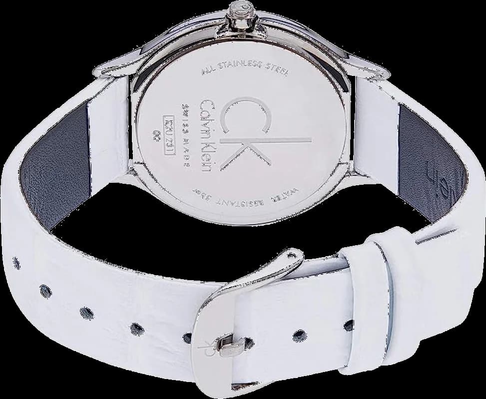 Attache bracelet Calvin Klein K2U231KW en cuir blanc avec boucle ardillon en acier, finition lisse et coutures contrastées