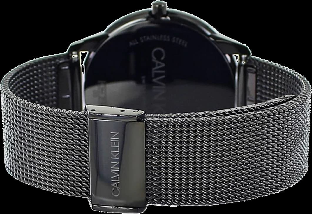 Lunette boîtier Calvin Klein K3M214X1 ronde en acier noir PVD, lunette lisse polie, profil fin de 8mm, verre minéral traité antireflet
