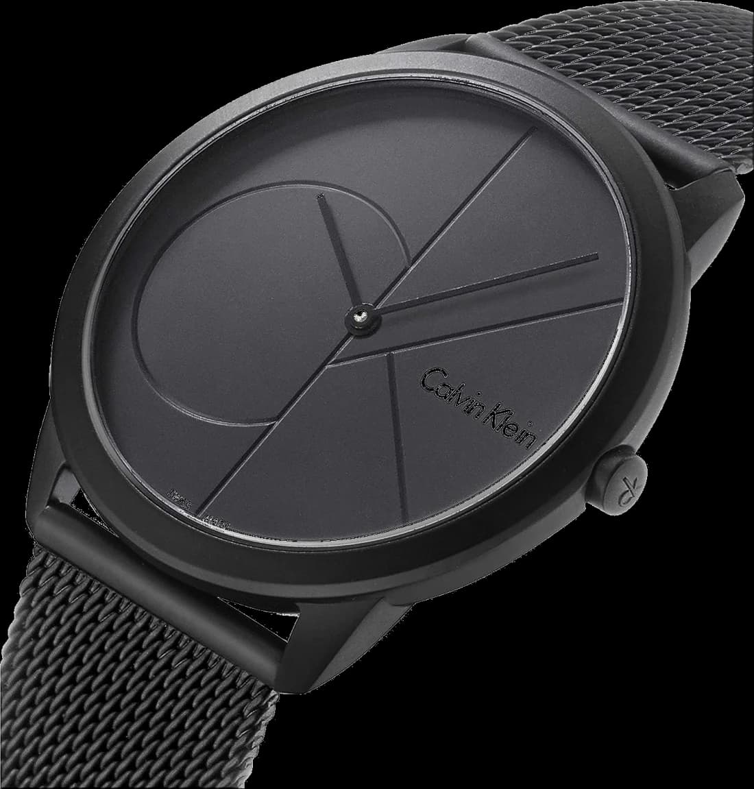 Visage cadran Calvin Klein K3M524B1 avec index appliqués argentés et aiguilles dauphines polies, lisibilité parfaite