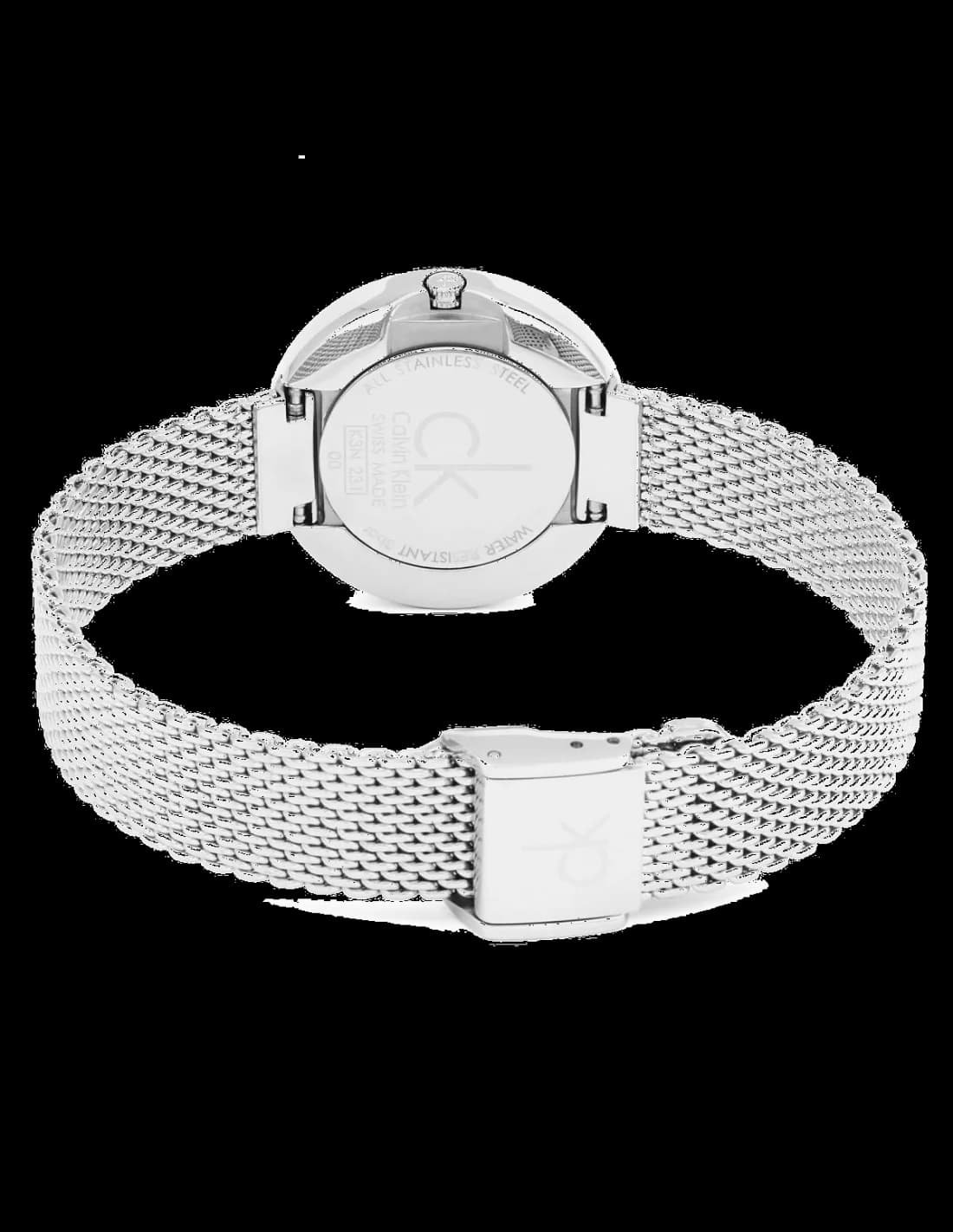 Visage cadran Calvin Klein K3N23126 avec index bâtons polis et aiguilles fines dauphine sur fond noir profond