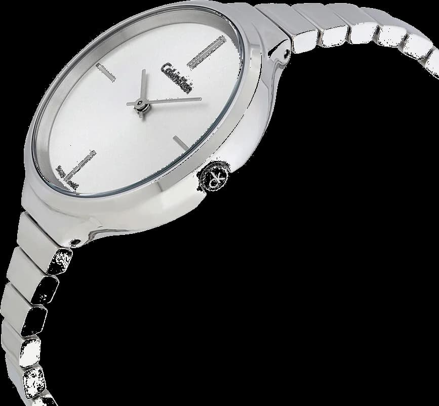 Visage cadran Calvin Klein K4U23126 aux index bâtons appliqués et aiguilles fines en acier, date à 3h pour une lecture précise
