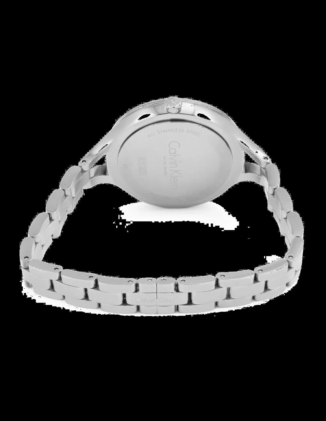Visage cadran Calvin Klein K7E23B46 aux index linéaires appliqués et aiguilles dauphines polies, mouvement quartz suisse