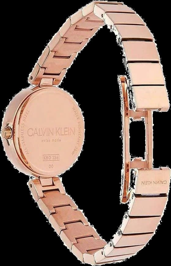 Lunette boîtier Calvin Klein K8G23646 rond poli et brossé en acier inoxydable doré rose, vue de profil révélant son verre minéral