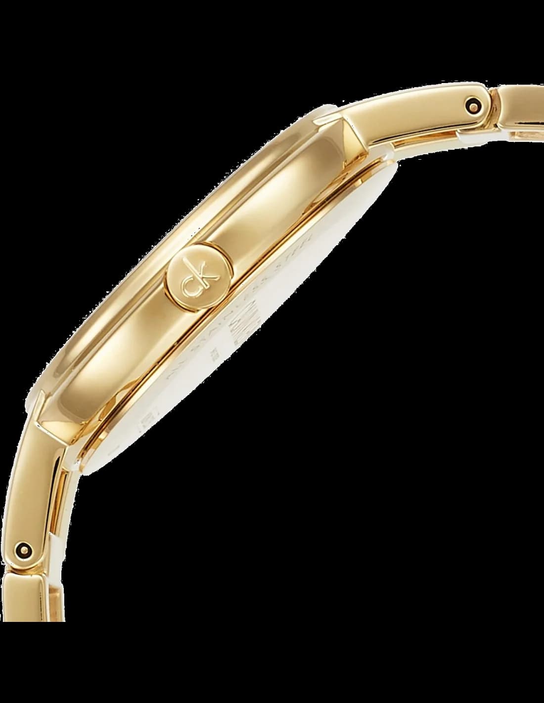 Visage cadran Calvin Klein K8N23546 avec index appliques bâtons polis et aiguilles dauphine dorées, minuterie chemin de fer pour précision