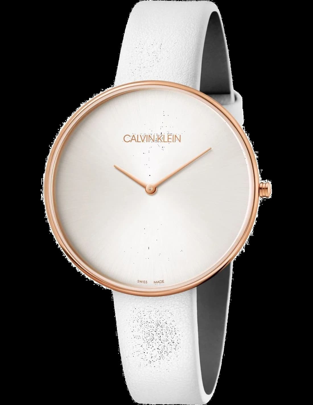 Montre Calvin Klein Full Moon K8Y236L6 pour Femme, Cadran Blanc, Boîtier Or Rose, Bracelet Cuir Blanc