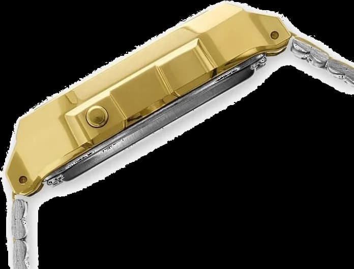 Visage cadran Casio A168WEGC-3EF révèle des index lumineux, aiguilles dorées, date et jour rétroéclairage LED