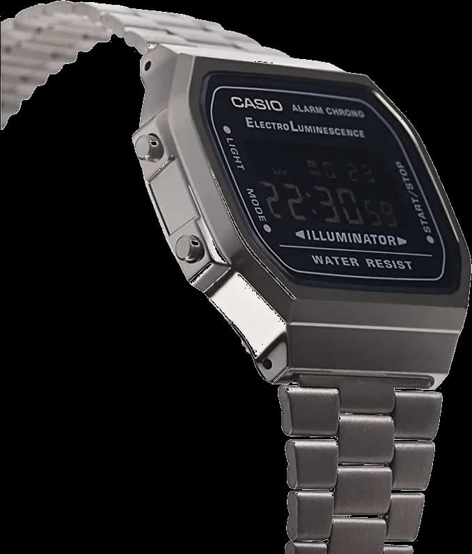 Visage cadran Casio A168WEGG-1BEF avec son rétroéclairage électroluminescent et ses trois sous-cadrans pour chronographe