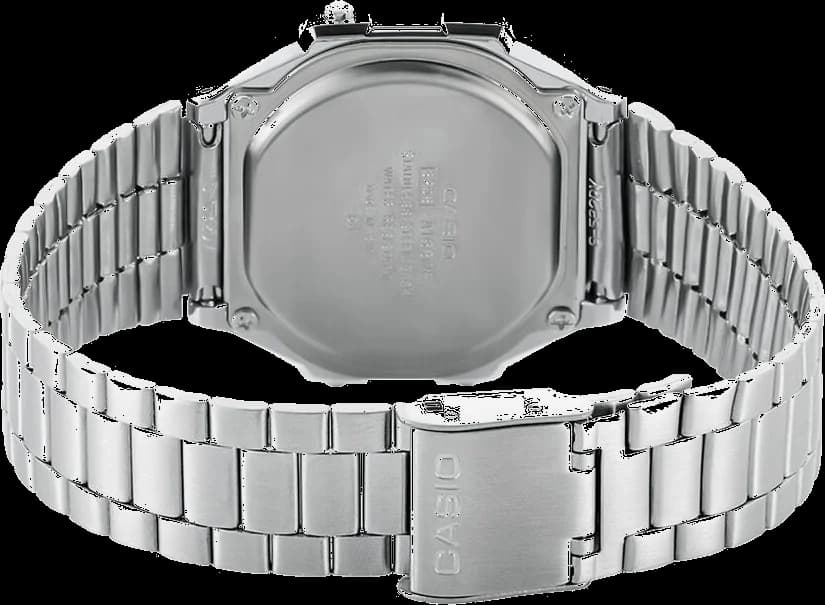 Attache bracelet Casio A168WEM-1EF en métal gris brossé avec fermoir déployante, ajustable pour confort
