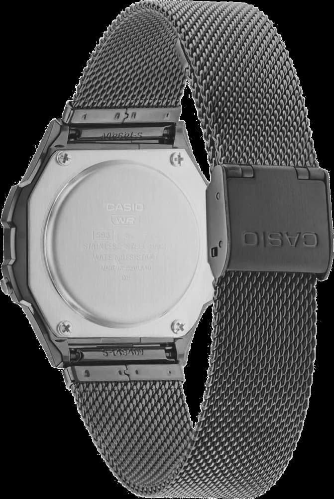 Visage cadran Casio A168WEMB-1BDF avec affichage digital à cristaux liquides noir sur fond gris, résistant aux chocs