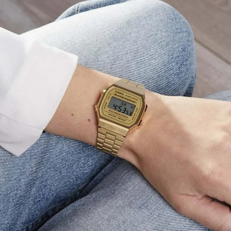 Lunette boîtier Casio A168WG-9EF en acier inoxydable doré poli avec lunette fixe gravée