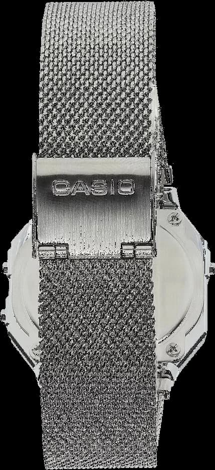 Visage cadran Casio A700WEM-1A affichage digital et aiguilles analogiques, index bâtons luminescents et date jour