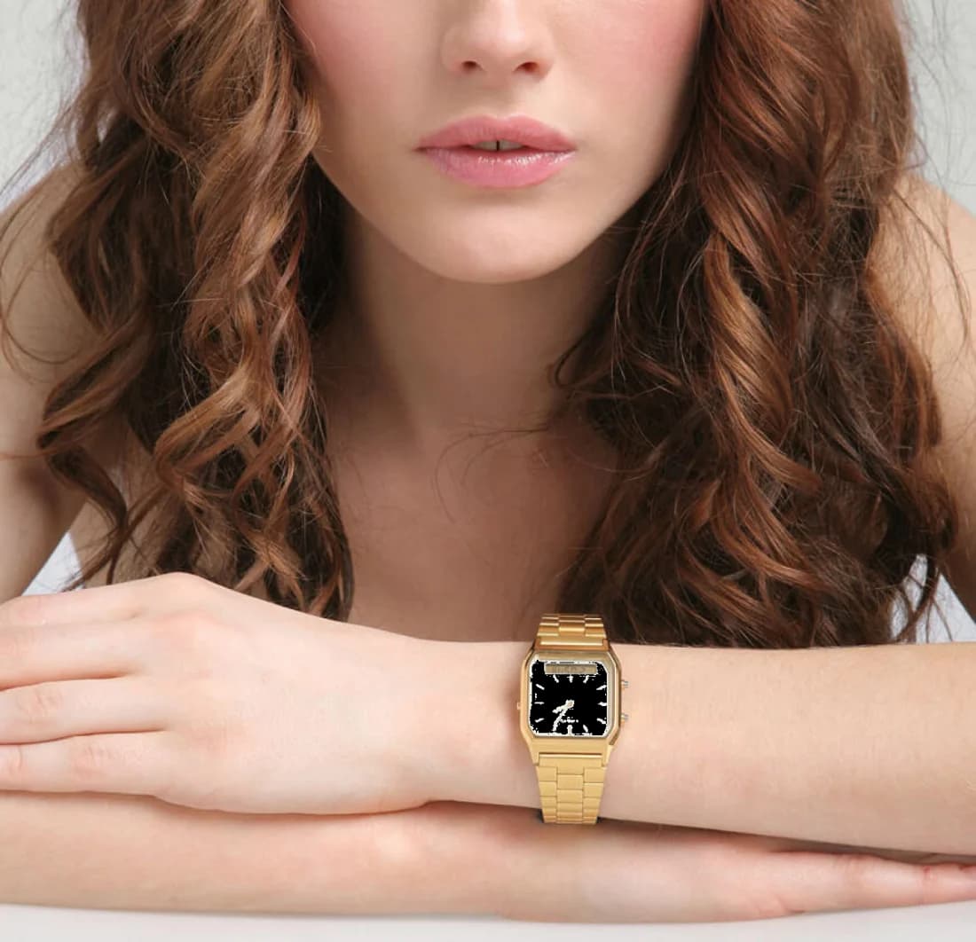 Lunette boîtier Casio AQ-230GA-9DMQYES rectangulaire en acier doré, verre minéral, profil fin et couronne crantée