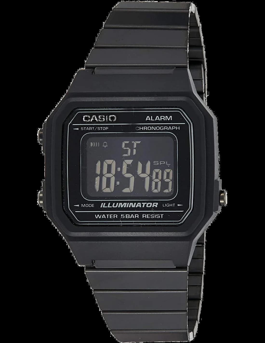 Garde-temps Casio B650WB-1B en acier noir brossé avec affichage digital lumineux et fond noir contrasté