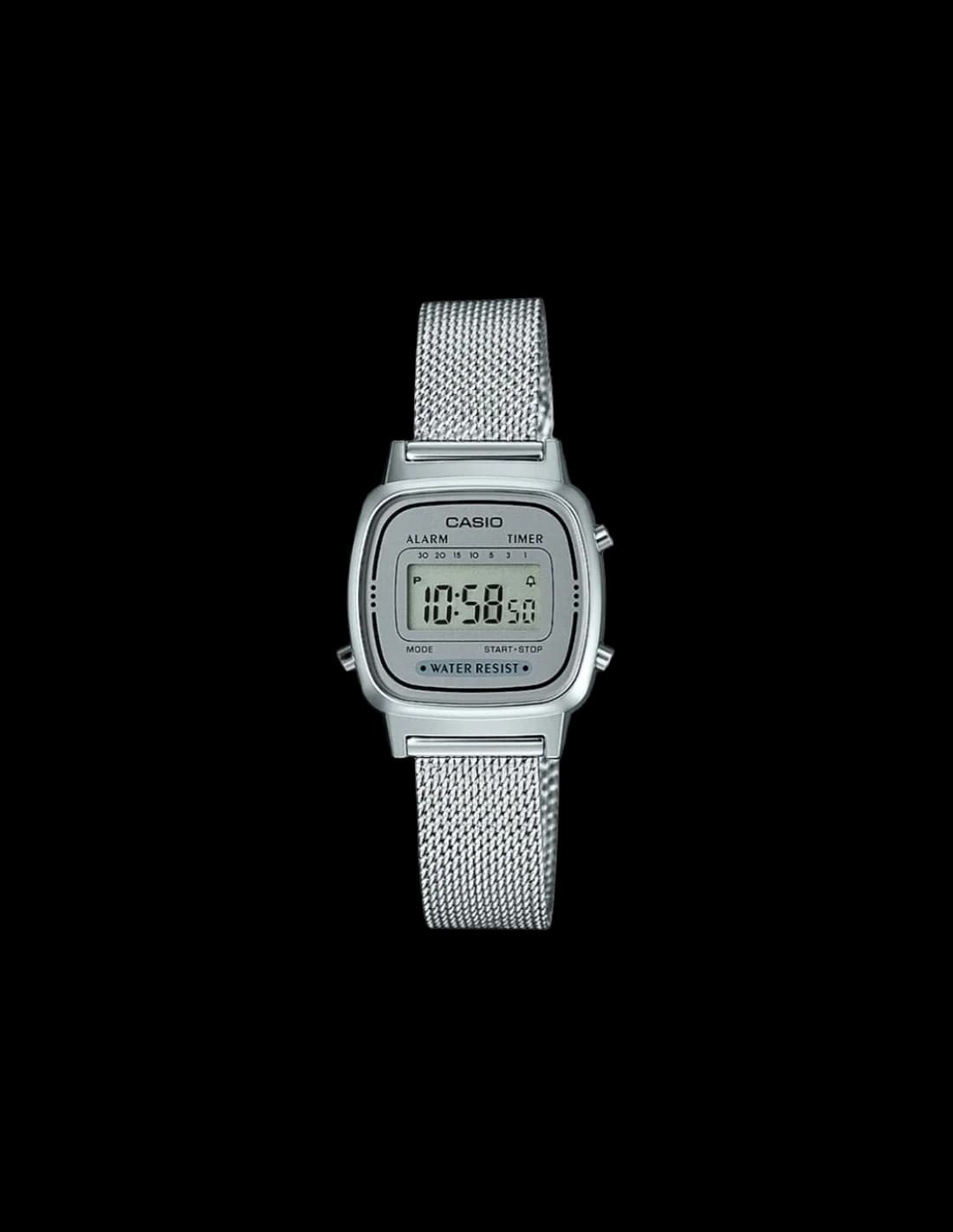 Montre Femme Casio Vintage LA670WEM-7EF Cadran Digital Gris Bracelet Maille Milanaise Argent