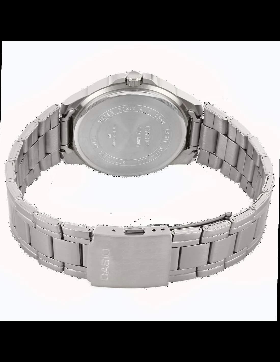 Attache bracelet Casio MTP-1300D-1AVEF en acier inoxydable brossé, fermoir déployant à double bouton-poussoir