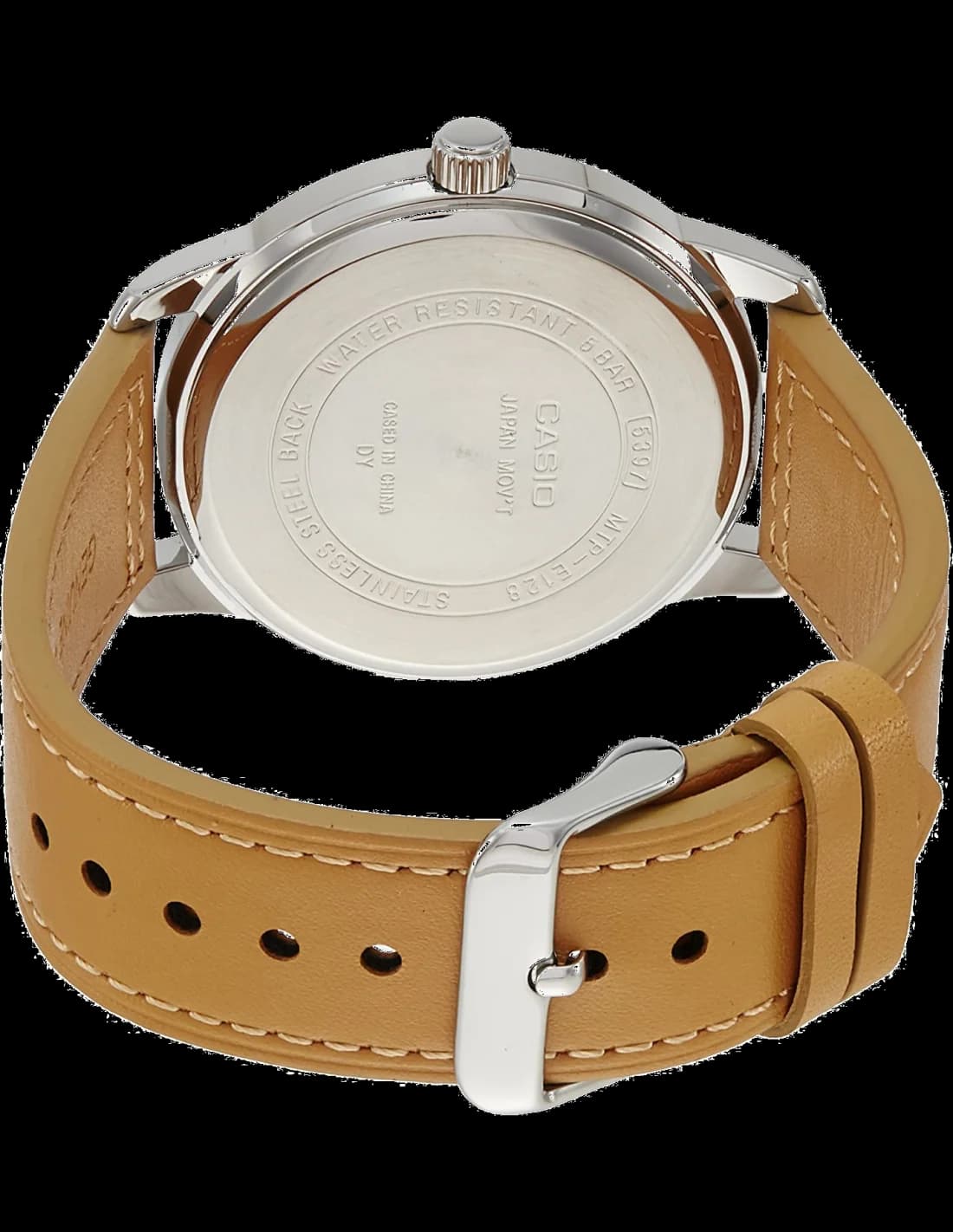 Visage cadran Casio MTP-E128L-2A2V aux index appliqués, aiguilles luminescentes et guichet date à 3h, mouvement quartz précis