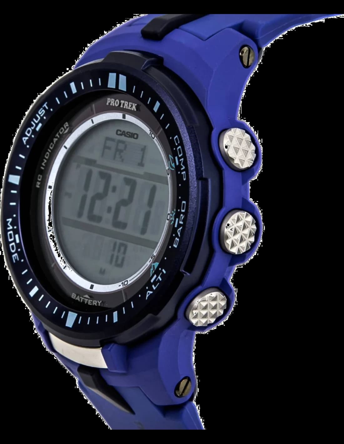 Visage cadran Casio PRW-3000-2BER avec index bâtons blancs, aiguilles lumineuses et affichage numérique double fuseau