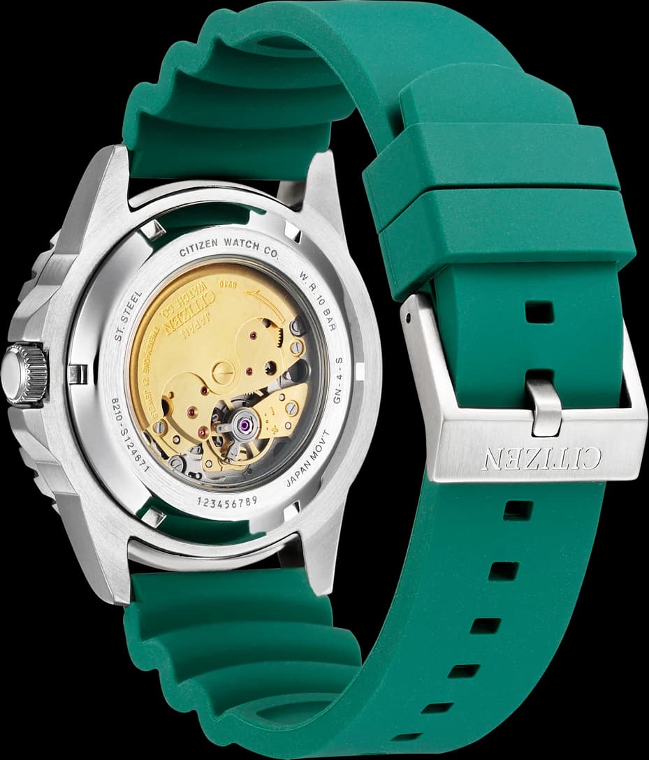Visage cadran Citizen NJ0129-10X avec index appliqués bâtons et aiguilles dauphine, date à 3h, contraste blanc sur vert