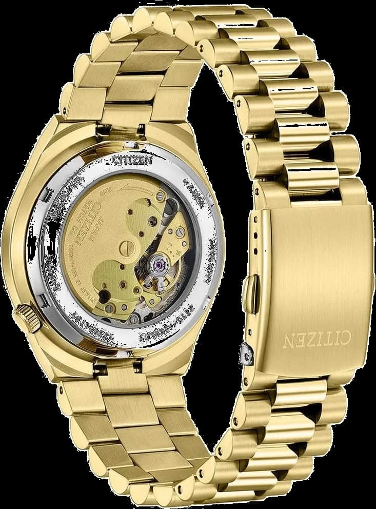 Visage cadran Citizen NJ0152-51X avec index appliqués polis, aiguilles dauphine et guichet date à 3h, fond vert texturé
