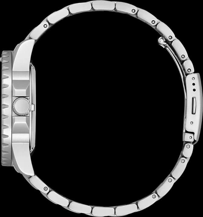 Lunette boîtier Citizen NJ0170-83X présente acier inoxydable poli-brossé, lunette lisse fine, verre minéral, couronne cannelée signée, fond transparent