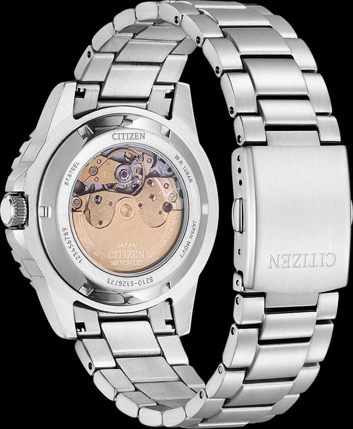 Visage cadran Citizen NJ0170-83Z avec index appliqués, aiguilles luminescentes et guichet date à 3 heures