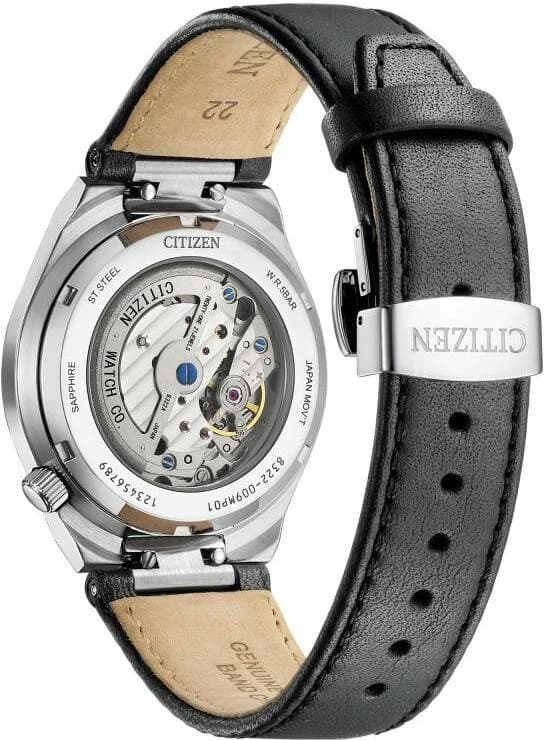 Attache bracelet Citizen NK5010-01H en cuir brun cousu main, boucle ardillon gravée du logo Citizen