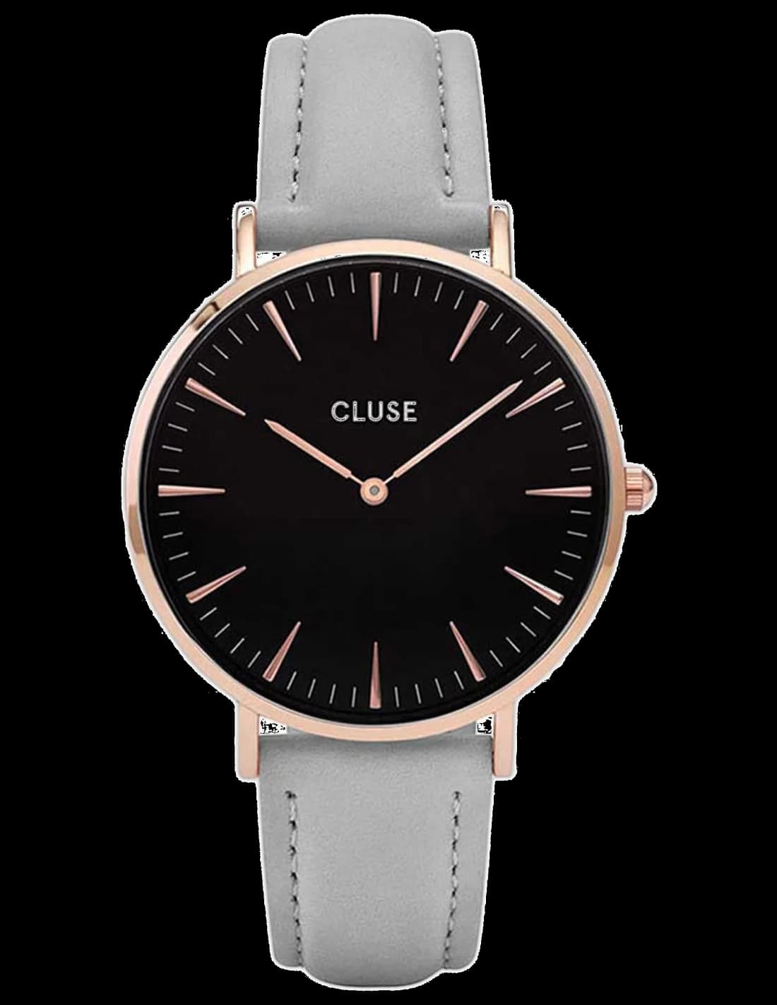 Montre Femme Cluse La Bohème CL18018 - Cadran Noir, Boîtier Or Rose, Bracelet Cuir Gris