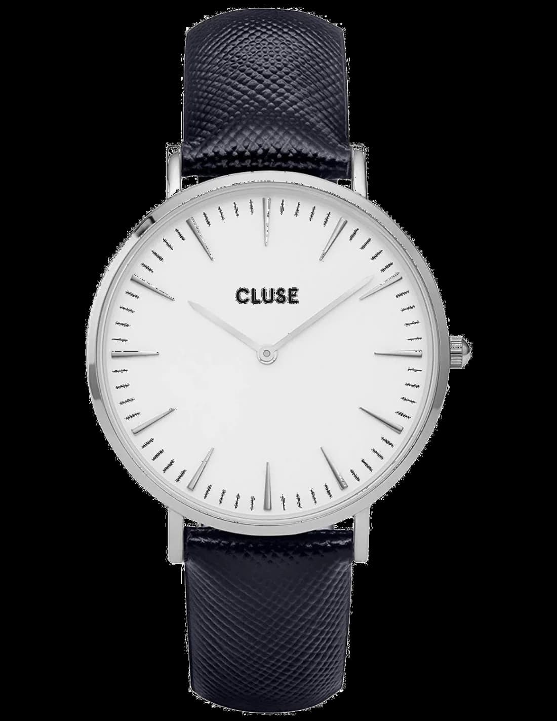 Montre Cluse La Bohème CL18232 - Cadran blanc, boîtier argenté, bracelet cuir bleu - Unisexe