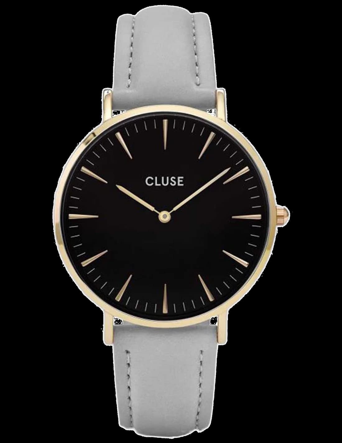 Montre Femme Cluse La Bohème CL18411 - Boîtier or, cadran noir, bracelet cuir gris