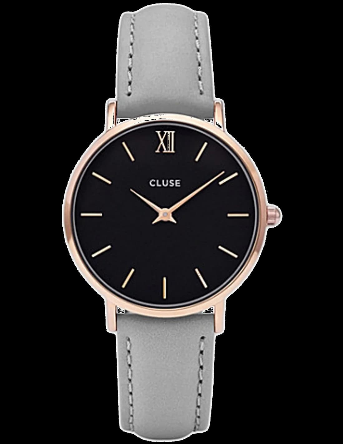 Montre Cluse Minuit CL30018, Cadran Noir 33mm, Boîtier Or Rose, Bracelet Cuir Gris - Unisexe