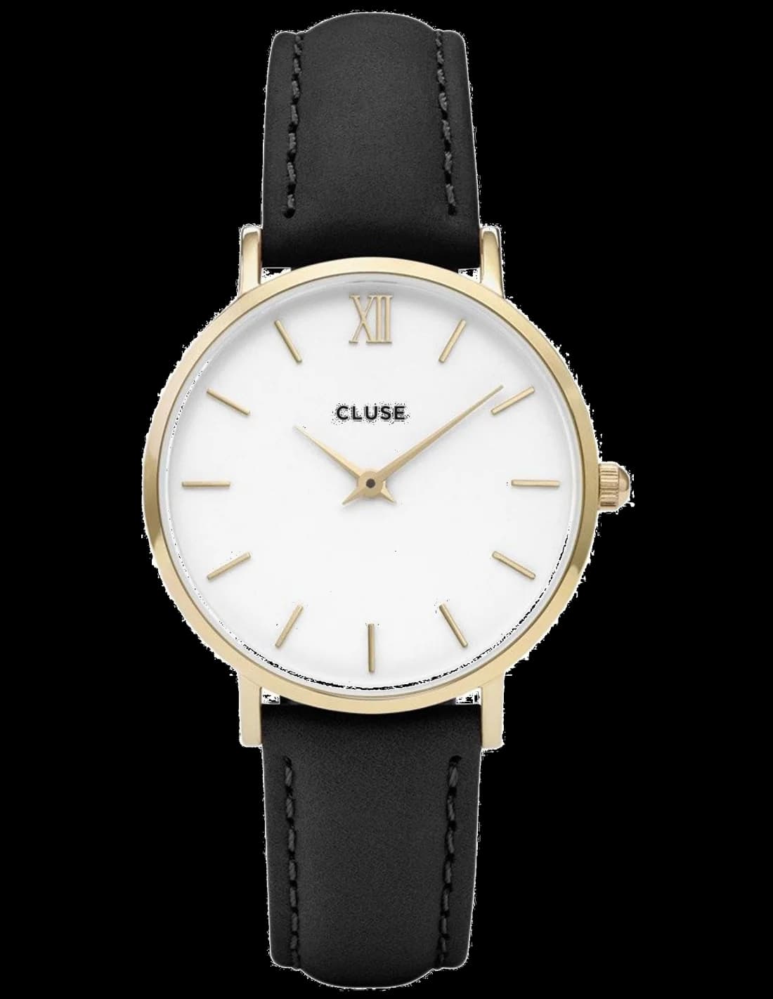 Montre Cluse Minuit CL30019 - Boîtier or, cadran blanc, bracelet cuir noir - Unisexe
