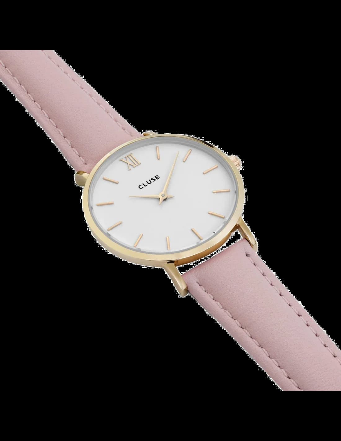 Visage cadran Cluse CL30020 avec index bâtons dorés et aiguilles de style épuré, sans complications