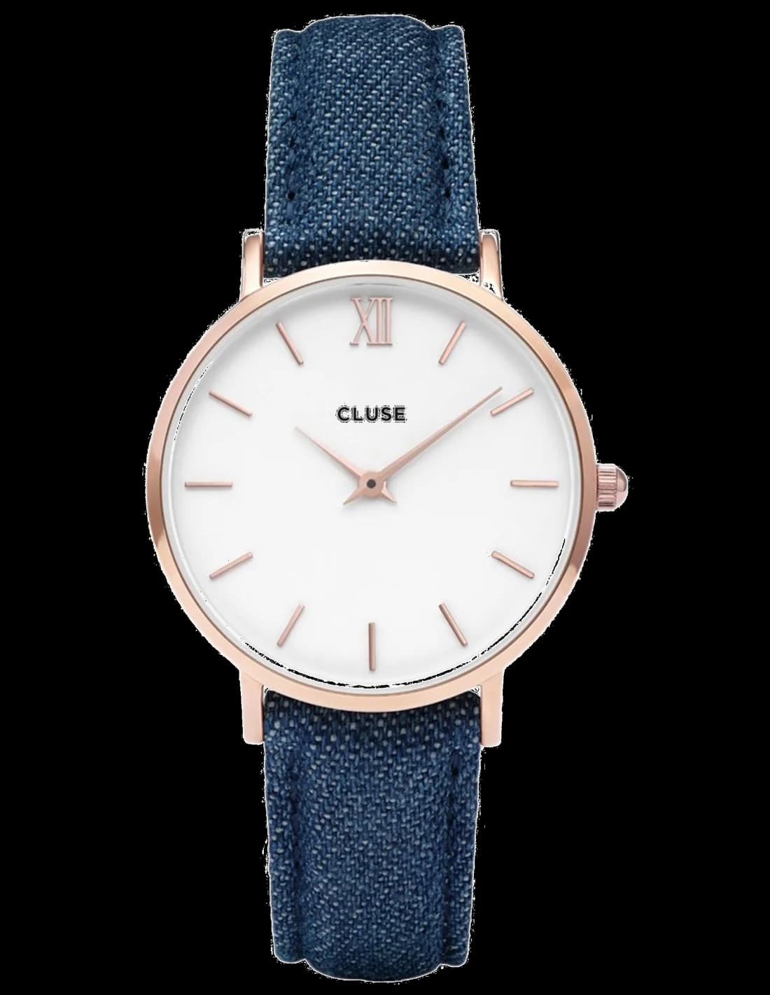 Montre Femme Cluse Minuit CL30029 - Cadran Blanc, Boîtier Or Rose, Bracelet Denim Bleu