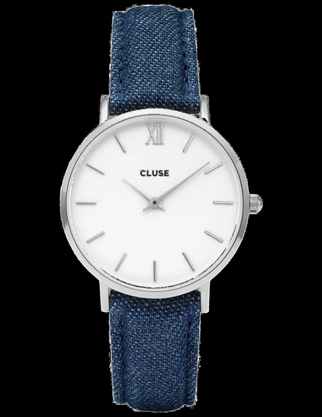 Montre Cluse Minuit CL30030, Cadran Blanc 33mm, Bracelet Cuir Denim Bleu - Unisexe