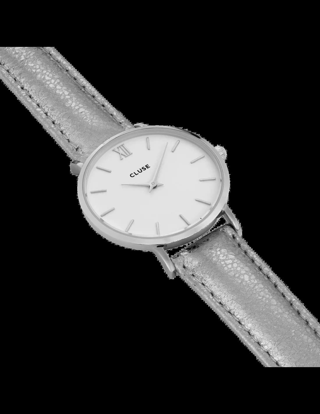 Visage cadran Cluse CL30039 avec index bâtons polis et aiguilles dauphine pour une lisibilité optimale